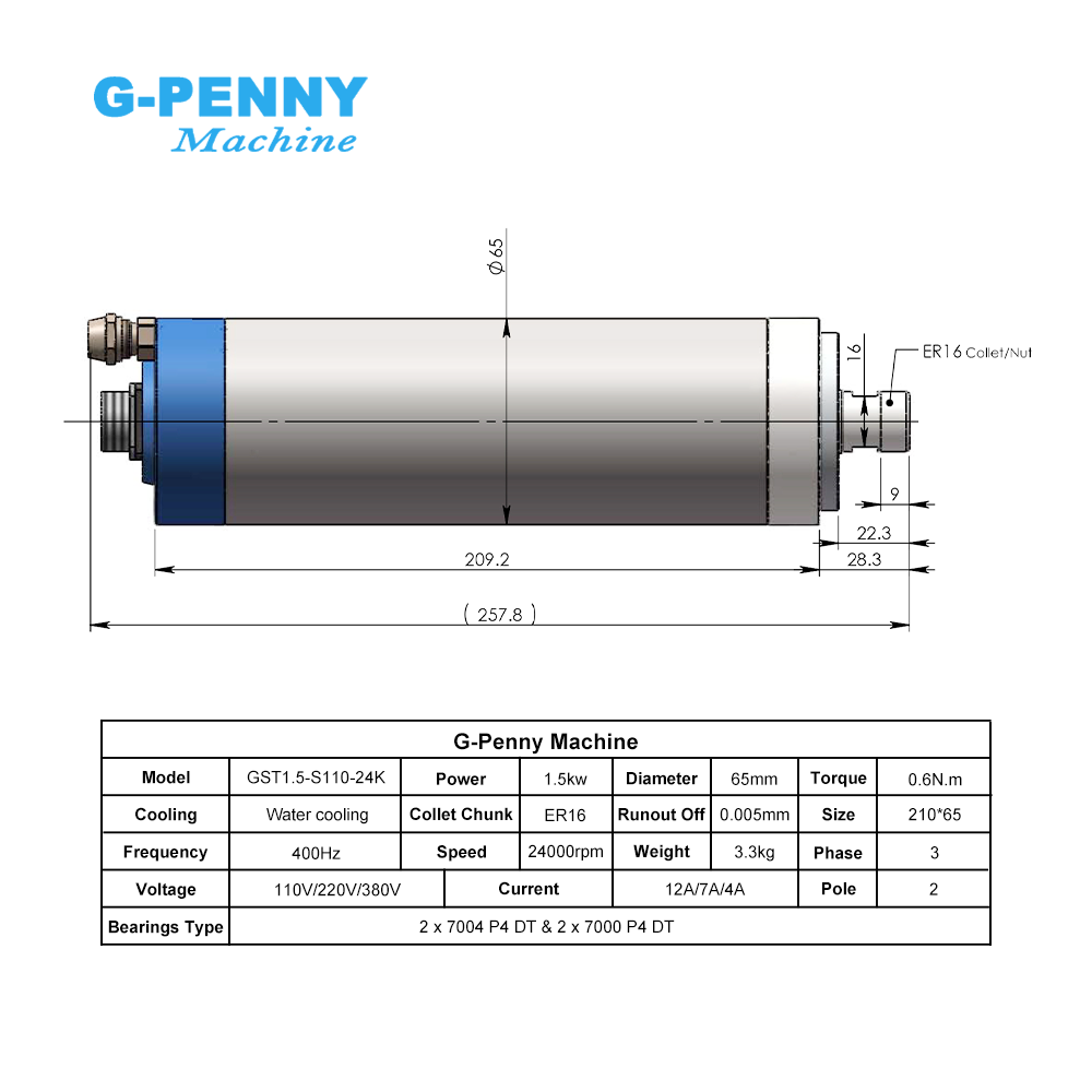 G-Penny CNC 1,5KW ER16 65mm 4- – Water Cooled Spindle Bewertung und Preis